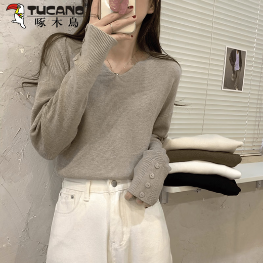 Woodpecker (TUCANO) V-neck sweater for women autumn new 2026 Korean style loose pullover sweater lazy top versatile long-sleeved bottoming shirt Khaki M Recommendation 95-105Jin Jin is equal to 0.5 kg