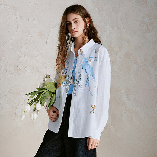 XIRAN (XIRAN) 26th spring style commuter long-sleeved shirt with lyocell print, fresh and artistic loose top, off-white S