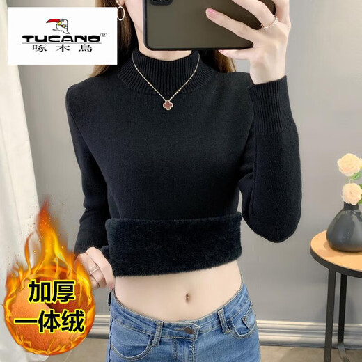Woodpecker half turtleneck plus velvet sweater for women thickened one-piece velvet slim fit autumn and winter super thick mid-collar warm knitted bottoming sweater official flagship dark gray S 85-95Jin Jin is equal to 0.5 kg