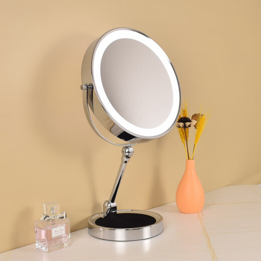 LE RUI JIA LED folding makeup mirror double-sided illuminated desktop smart makeup mirror, magnifying beauty mirror, liftable height, 8 inches, silver, flat surface + 5x magnification, three-tone lighting