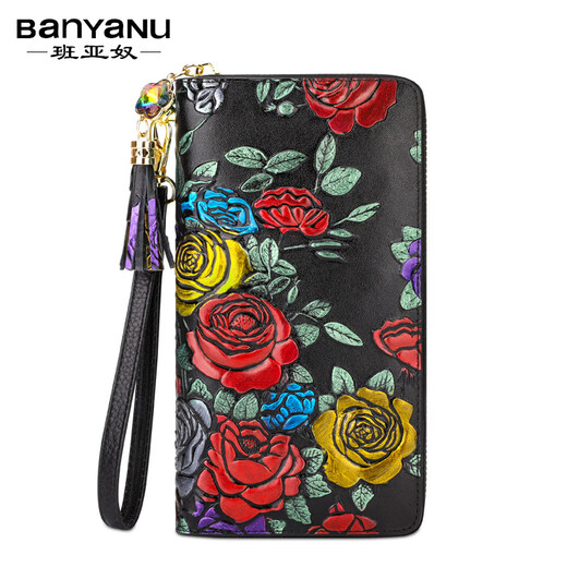 Banyanu 2025 new women's wallet women's long personalized painted large-capacity cowhide zipper women's clutch wallet trendy color rose-anti-theft brush
