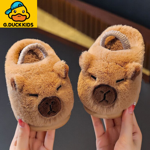 G.duck little yellow duck baby capibala cotton slippers 1-3 years old 2 non-slip indoor soft bottom boys infants and toddlers autumn and winter children brown (upgraded version of capibala has back strap) 22-23 size inner length 13.5cm suitable for 1-2 years old