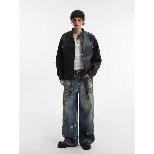 American retro leather jacket for men in spring and autumn, new trendy style, loose high street lapel jacket, black regular L