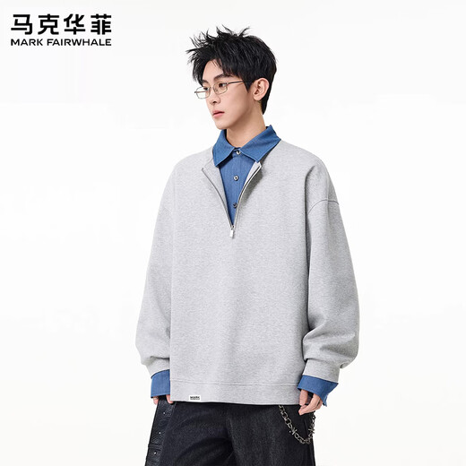 MARK FAIRWHALE American retro casual sweatshirt for men 2026 spring new style loose and comfortable contrast color trendy brand handsome and versatile top floral gray + black discounted two-pack 2XL recommended 150-180Jin Jin equals 0.5 kg