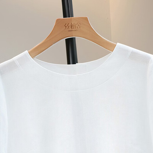 Sibaishe linen solid color round neck short-sleeved shirt for women 2026 spring new style fashion short front and long back shirt