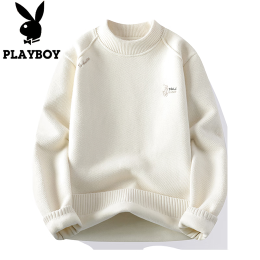 Playboy (PLAYBOY) sweater for men, one-piece warm velvet, thickened velvet, round neck embroidery, men's winter top, men's inner wear knitted bottoming shirt, coffee color 2XL /180 recommended 145-160Jin Jin equals 0.5 kg