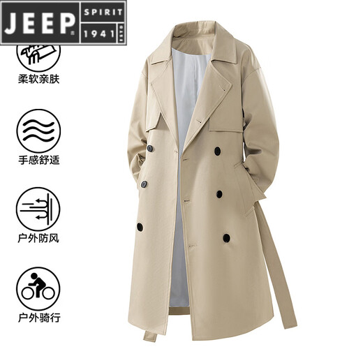 JEEP SPIRIT mid-length woolen coat men's windbreaker coat knee-length loose Korean version 2026 spring and autumn new top HTLB-2525-Black S