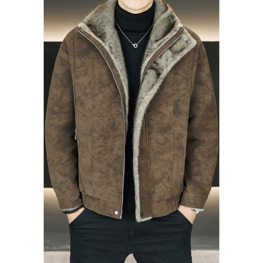 New mountain carving fur all-in-one leather jacket for men in winter, thickened and warm, trendy, versatile, windproof and handsome top, black L