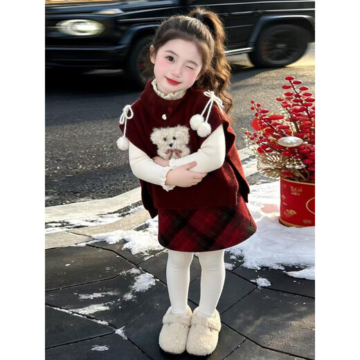 Aoyanlai New Year's jersey suit girls winter 26 red puppy cape sweater little girl plaid skirt two pieces red suit (puppy cape + plaid skirt) 90 (pay attention to the store for priority delivery)