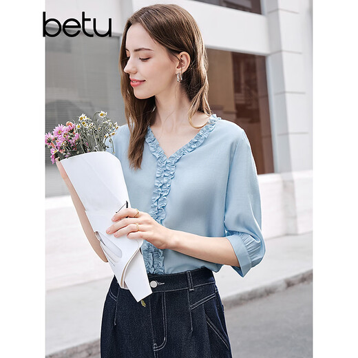 Betu women's 2026 spring and summer new shirt three-quarter lantern sleeve shirt trendy temperament top for women 2602T37 blue L