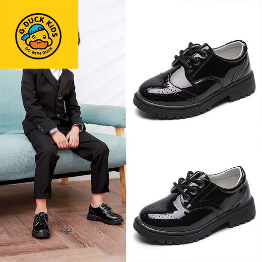 G.duck Little Yellow Duck Primary School Children's Leather Shoes Boys Black White Leather Shoes Performance Shoes for Students and Older Children Performance 302 Black <Added Velvet> One Size Small Size 32/Inner Length 19.8CM