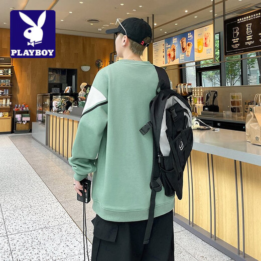 Playboy (PLAYBOY) men's round neck sweatshirt 2026 spring new Hong Kong style fashion trend loose and versatile youth student bottoming shirt black 2XL