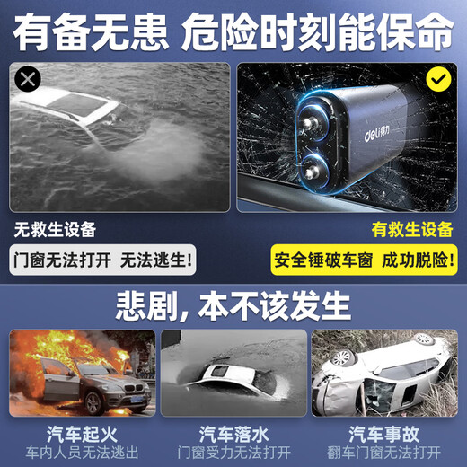 Deli Safety Hammer Mini Window Breaking Hammer Multi-Function Vehicle Window Breaking Tool Car Escape Lifesaving Hammer Double-Headed Lifesaving Hammer Special Grade Carbon Steel 3C Explosion-proof Fire Extinguisher + 2 Pack Three-in-One Window Breaking/Flat Hammer/Cutter