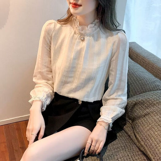 Playboy (PLAYBOY) lace chiffon shirt for women spring new fashion style fungus edge stand-up collar long-sleeved T-shirt temperament versatile outer top thin official flagship apricot color XL recommended 120-135 Jin Jin equals 0.5 kg