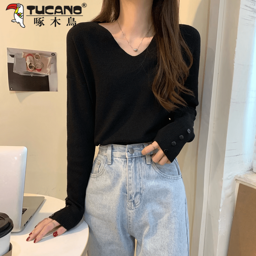 Woodpecker (TUCANO) V-neck sweater for women autumn new 2026 Korean style loose pullover sweater lazy top versatile long-sleeved bottoming shirt Khaki M Recommendation 95-105Jin Jin is equal to 0.5 kg