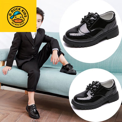 G.duck Little Yellow Duck Primary School Children's Leather Shoes Boys Black White Leather Shoes Performance Shoes for Students and Older Children Performance 302 Black <Added Velvet> One Size Small Size 32/Inner Length 19.8CM