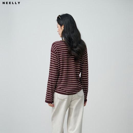 NEELLY shopping mall's same spring style retro striped round neck contrasting color T-shirt for women, simple and casual top, jam color S
