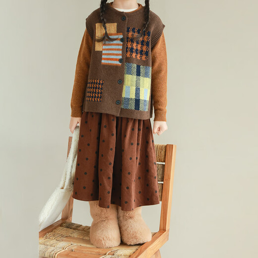 UTOUTO Big Ear Elephant Girls Small Polka Dot Skirt 2024 Winter New Style 2408012 Caramel Brown 100