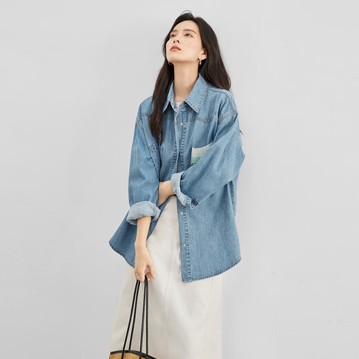 Dialogue (DUIBAI) Vincent Van Gogh Joint Retro Loose Denim Shirt Women's 2026 Spring New Lazy Casual Top Denim Blue S