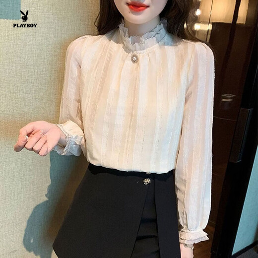 Playboy (PLAYBOY) lace chiffon shirt for women spring new fashion style fungus edge stand-up collar long-sleeved T-shirt temperament versatile outer top thin official flagship apricot color XL recommended 120-135 Jin Jin equals 0.5 kg