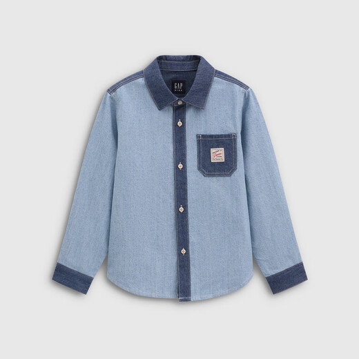 Gap Gap boys and girls 2026 spring new logo embroidered chest bag splicing denim shirt children's wear 861378 blue 120 cm (6-7 years old) Asian size