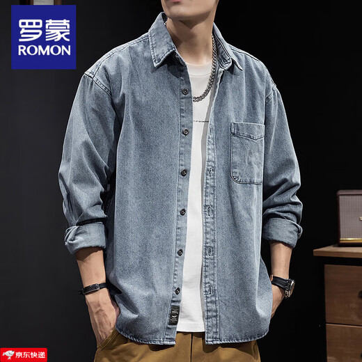 Romon Denim Shirt Men's Spring and Autumn Outdoor Heavy Duty Work Jacket Spring and Autumn American Blue Wear-Resistant Solid Color Top Men Z757 Blue 2XL