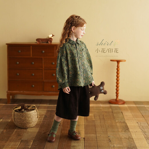 Yantaijia Girls' Shirt Forest Retro 2026 Spring and Autumn New Children's Full Print Western Style Long Sleeve Shirt Jacket Green Flower 100