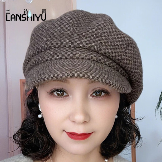 Lanshiyu winter wool beret plaid octagonal hat fashionable and versatile hat slimming face hat thickened and warm black gray one size fits all 52-58 adjustable