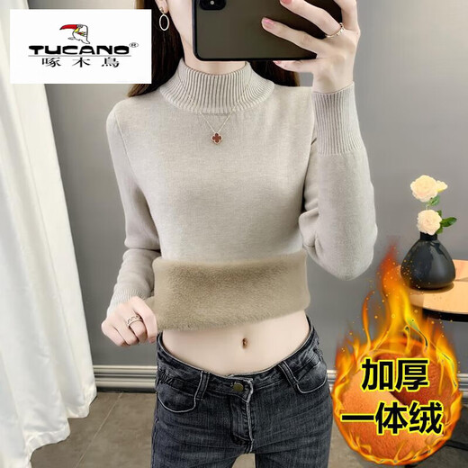 Woodpecker half turtleneck plus velvet sweater for women thickened one-piece velvet slim fit autumn and winter super thick mid-collar warm knitted bottoming sweater official flagship dark gray S 85-95Jin Jin is equal to 0.5 kg