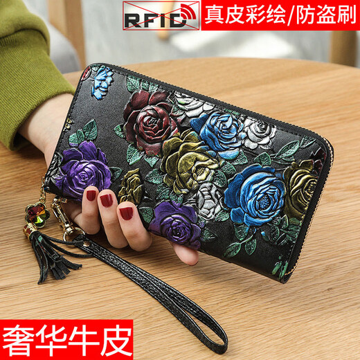 Banyanu 2025 new women's wallet women's long personalized painted large-capacity cowhide zipper women's clutch wallet trendy color rose-anti-theft brush