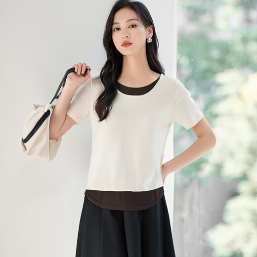 Handu Yishe fake two-piece knitted sweater for women 2026 spring and summer fashion simple color matching to reduce age and slim down versatile short-sleeved top
