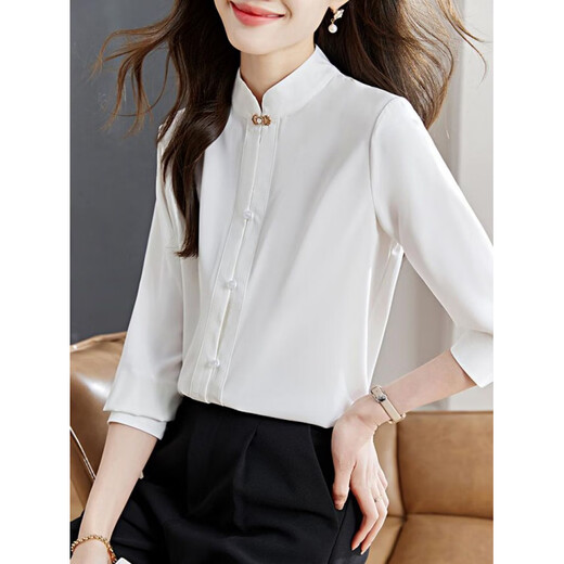 Playboy (PLAYBOY) stand collar white shirt women's spring 2026 shirt new long-sleeved temperament improved new Chinese style retro top official flagship white S recommended 80-95Jin Jin equals 0.5 kg