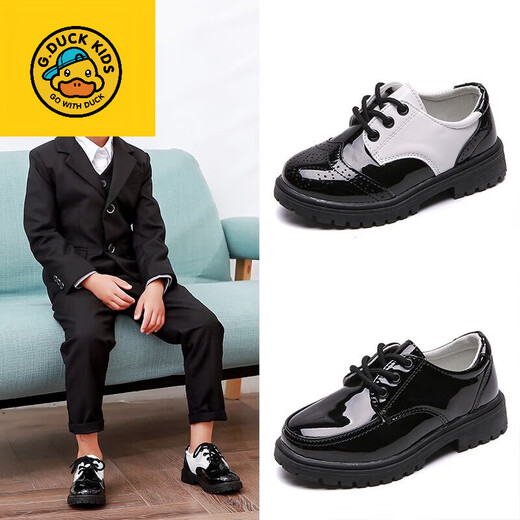 G.duck Little Yellow Duck Primary School Children's Leather Shoes Boys Black White Leather Shoes Performance Shoes for Students and Older Children Performance 302 Black <Added Velvet> One Size Small Size 32/Inner Length 19.8CM