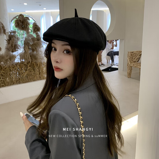Beret Women's Autumn and Winter Black Japanese Octagonal Versatile British Retro Painter Hat Big Head Circumference Showing Face Small Cloud Hat Black (One Hat for Multiple Wear) One Size