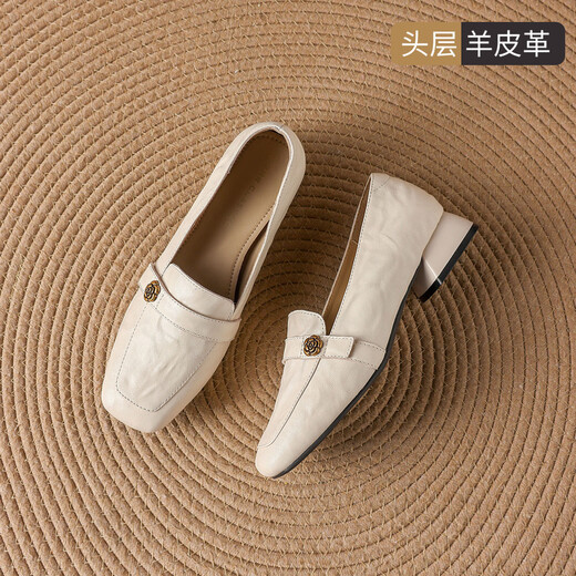ZHR is the first-layer sheep leather loafers for women with thick heels, square toe work shoes, single shoes, EH317, beige 37