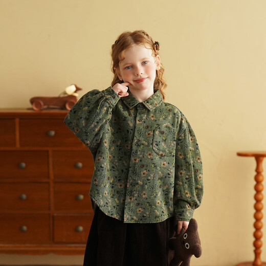 Yantaijia Girls' Shirt Forest Retro 2026 Spring and Autumn New Children's Full Print Western Style Long Sleeve Shirt Jacket Green Flower 100