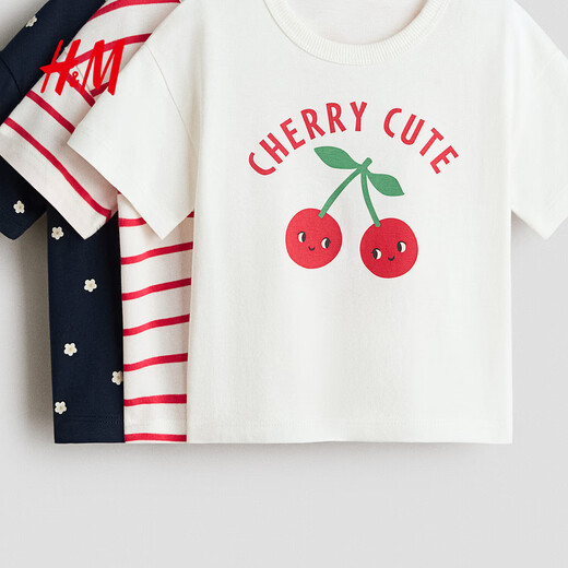 H&M 2026 spring new children's clothing baby girl three-piece cotton T-shirt 1320130 white/Cherry cute 90 90/48 (12-18M)
