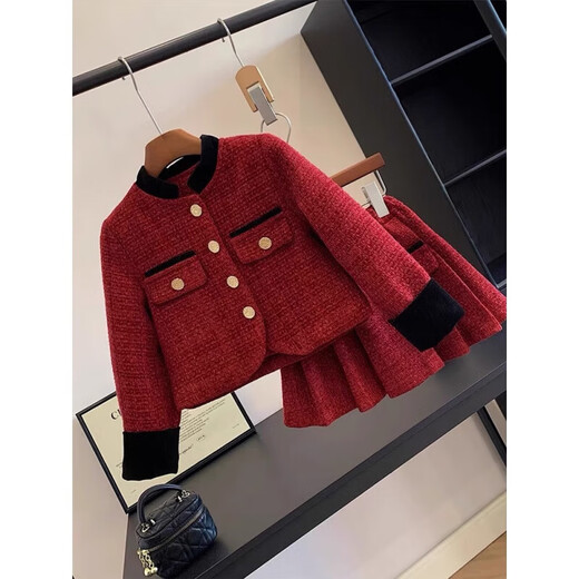 Balala Balabala 50% off on girls' small fragrant style autumn and winter clothing, thickened children's red skirt, fashionable and stylish small style red small fragrant style suit_ winter New Year's greetings_ quilted and thickened 110 cm