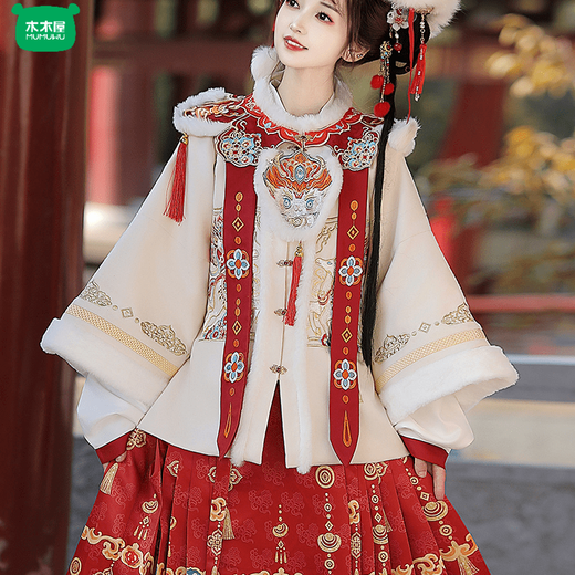 Wooden house will welcome wealth immediately Ming-made mother-daughter parent-child clothing Hanfu women 2026 new winter horse face skirt thickened children's New Year's greetings clothing immediately welcome wealth red cloud shoulder 150 children's style