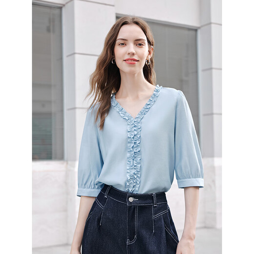 Betu women's 2026 spring and summer new shirt three-quarter lantern sleeve shirt trendy temperament top for women 2602T37 blue L
