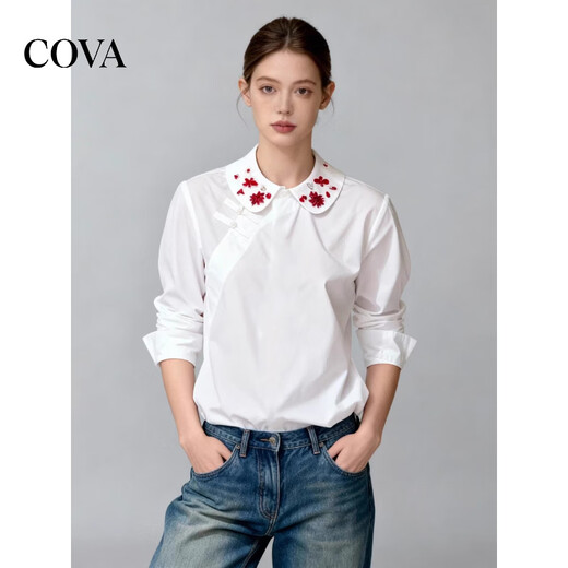 COVA international first-line brand 2026 design new Chinese style national style white long-sleeved shirt embroidery small heavy industry white shirt S