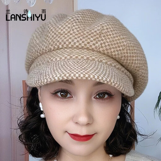 Lanshiyu winter wool beret plaid octagonal hat fashionable and versatile hat slimming face hat thickened and warm black gray one size fits all 52-58 adjustable