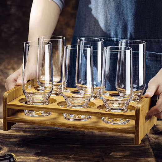 Yusenyi Large Capacity Beer Mug Home Crystal Glass Craft Beer Cup High-end Juice Cup Set Gold Foil Beer Mug 320mlx6 + Bamboo Cup Holder Free Bottle Opener + Cup Brush