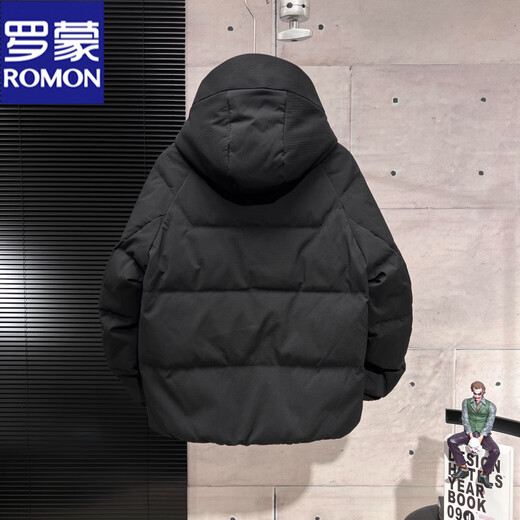 罗蒙（ROMON）男士羽绒服冬季加厚保暖面包服中青年潮流防寒2025新款连帽外套男 黑色 M