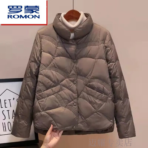 ROMON short thin down jacket for women 2024 winter new style small thin style fashionable autumn and winter coat trend khaki new down jacket counter quality S 85-115Jin Jin equal to 0.5 kg factory quality