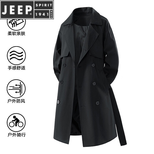 JEEP SPIRIT mid-length woolen coat men's windbreaker coat knee-length loose Korean version 2026 spring and autumn new top HTLB-2525-Black S