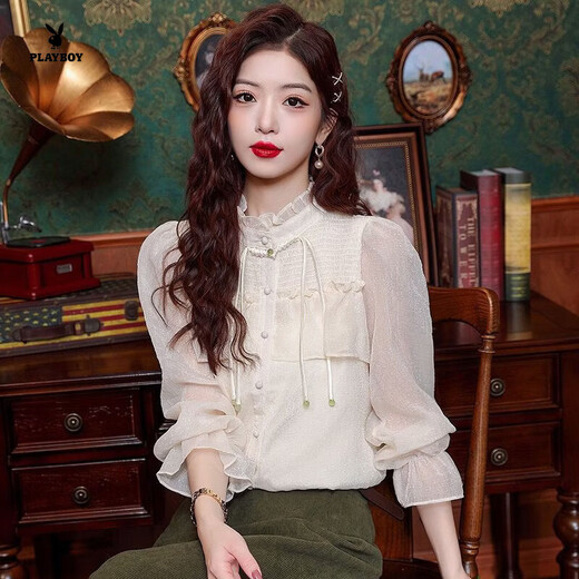 Playboy (PLAYBOY) new Chinese style fungus edge stand collar chiffon shirt for women spring sweet tassel button-down shirt ruffled bell sleeve top official flagship picture color top M 90-100