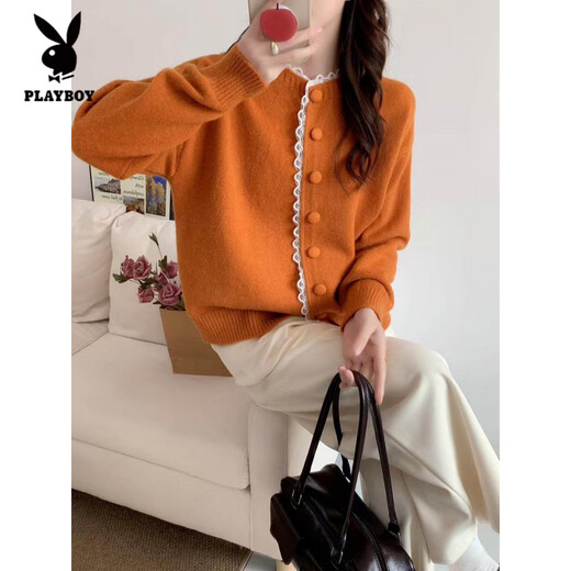 花花公子(PLAYBOY)法式春秋冬蕾丝花边时尚单排扣温柔风宽松甜美针织毛衣开衫外套女 浅黄色 S 建议70-95Jin Jin等于0.5千克