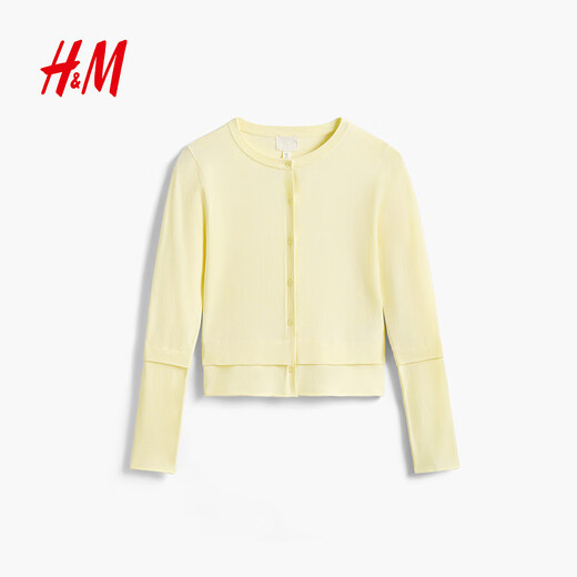 H&M women's wool sweater 2026 new soft and waxy contrast color hem rolled edge sweater cardigan 1000024 dark hemp gray XS