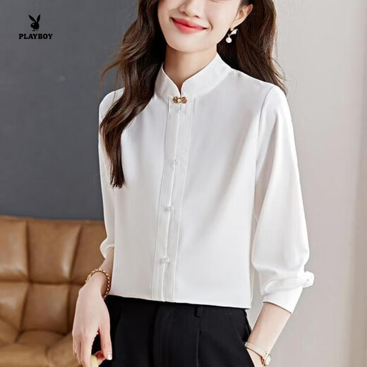 Playboy (PLAYBOY) stand collar white shirt women's spring 2026 shirt new long-sleeved temperament improved new Chinese style retro top official flagship white S recommended 80-95Jin Jin equals 0.5 kg